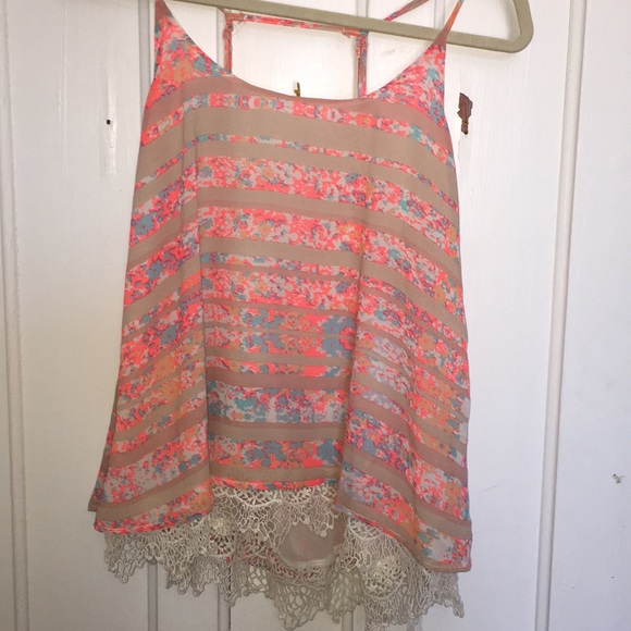 Tops - Cream and pink striped cami top. Lace detailing: M